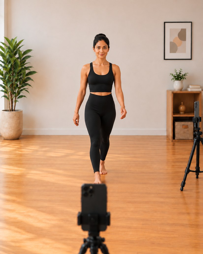 A room with two phones on tripods set at right angles to each other, both aimed at one person walking.