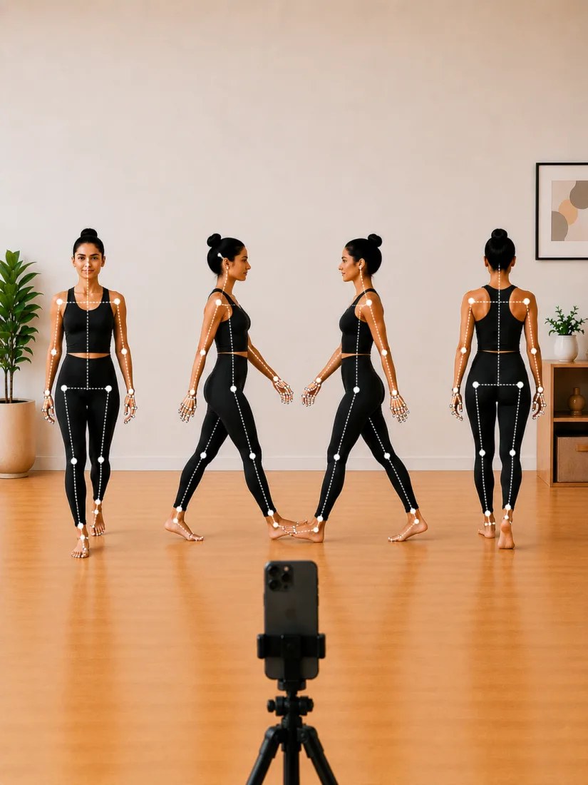 A patient walking in an ordinary room, captured from four angles with a skeletal tracking overlay, from a phone on a tripod.